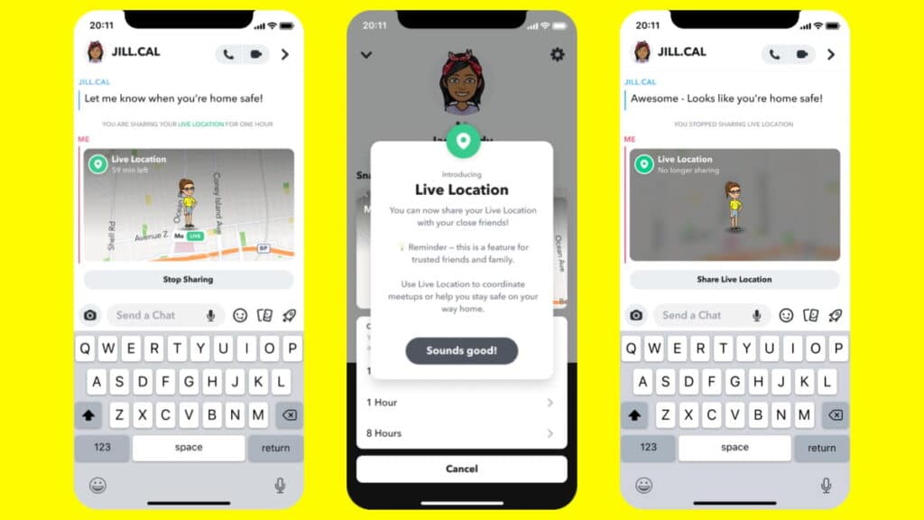 Phone screens showing location sharing and permission options